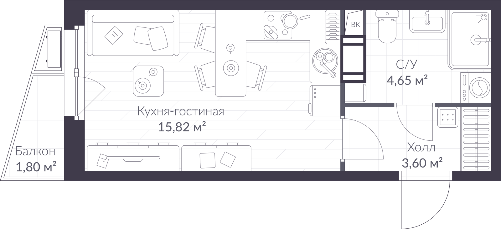 Планировка: студия, 24,6 м²