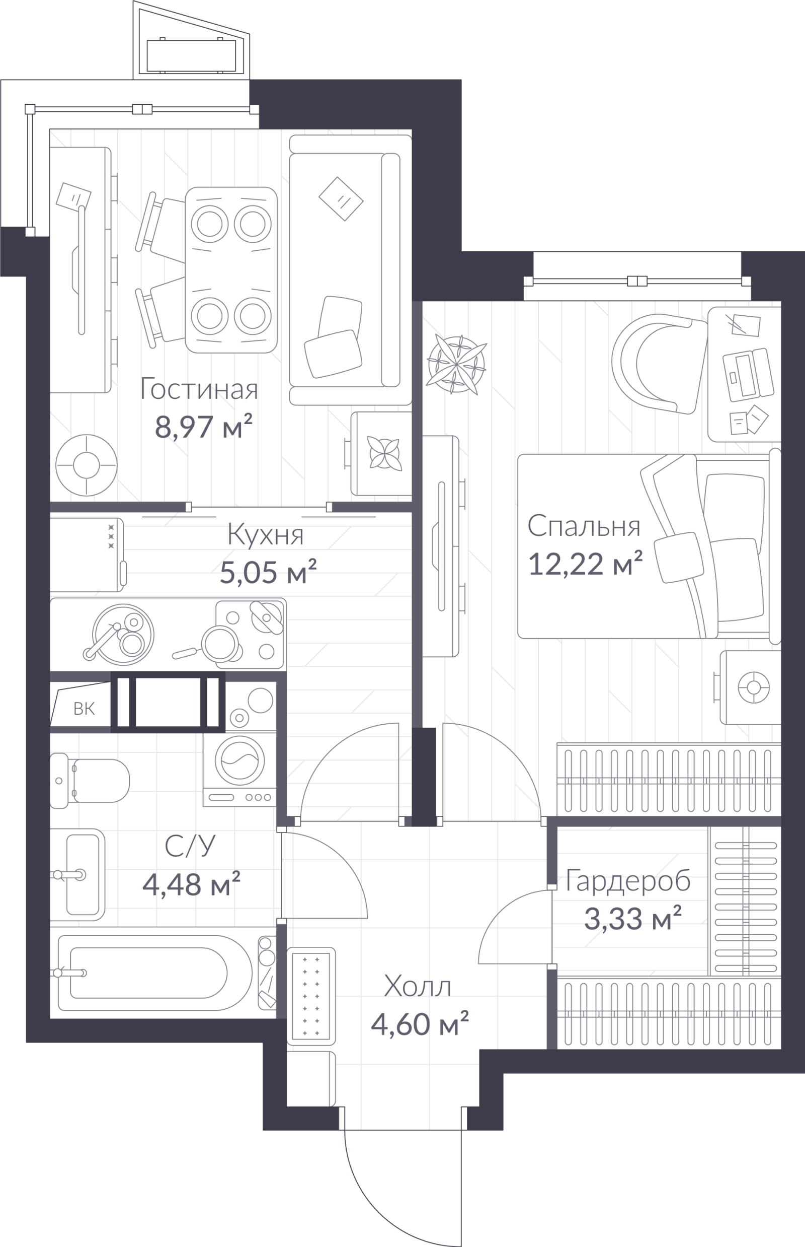 Планировка: 2-комнатная квартира, 38,7 м²