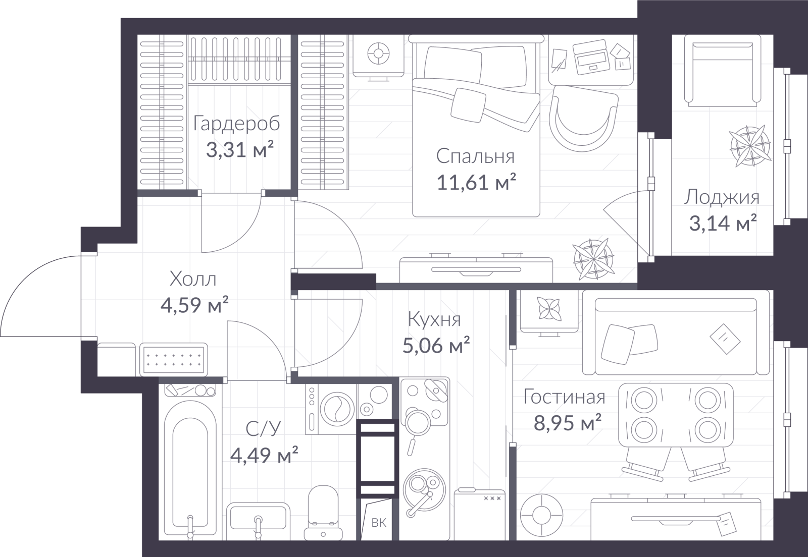 Планировка: 2-комнатная квартира, 39,6 м²