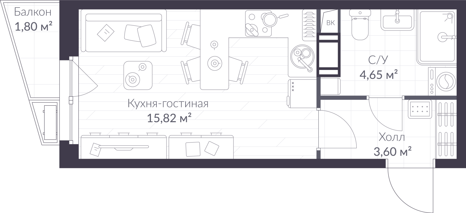 Планировка: студия, 24,6 м²