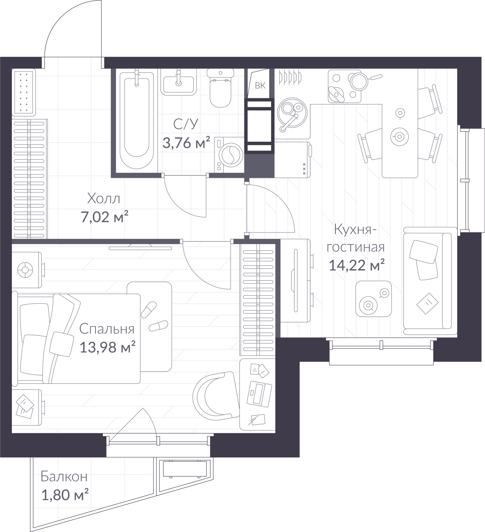 Планировка: 2-комнатная квартира, 39,5 м²