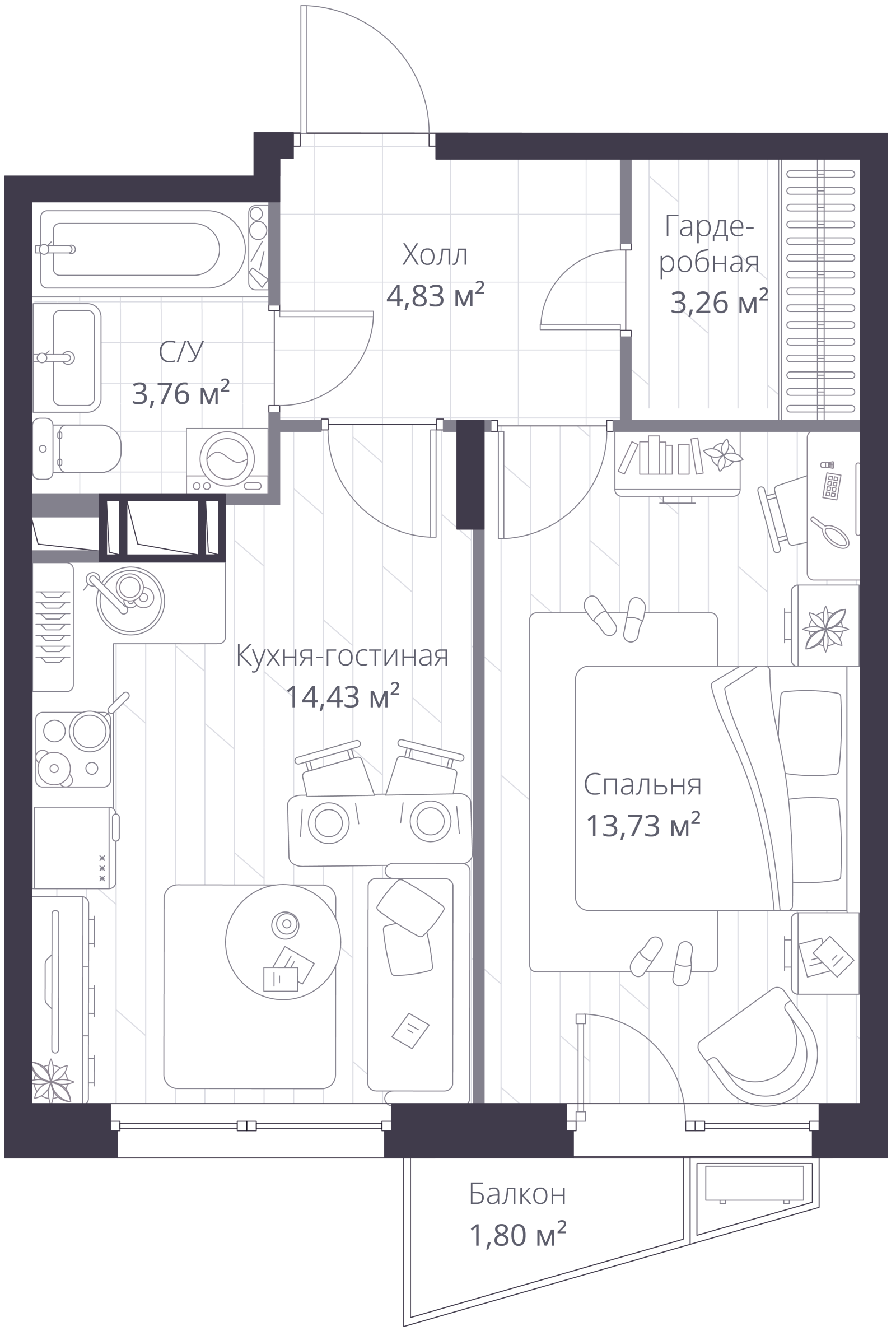 Планировка: 2-комнатная квартира, 40,9 м²