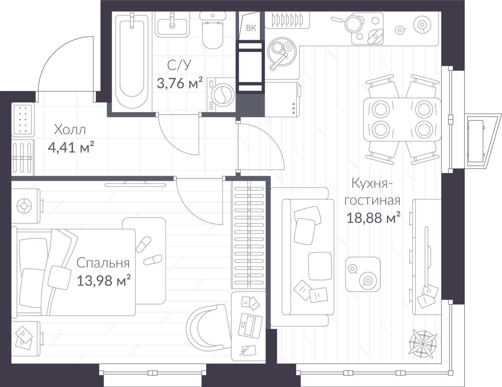 Планировка: 2-комнатная квартира, 41,0 м²