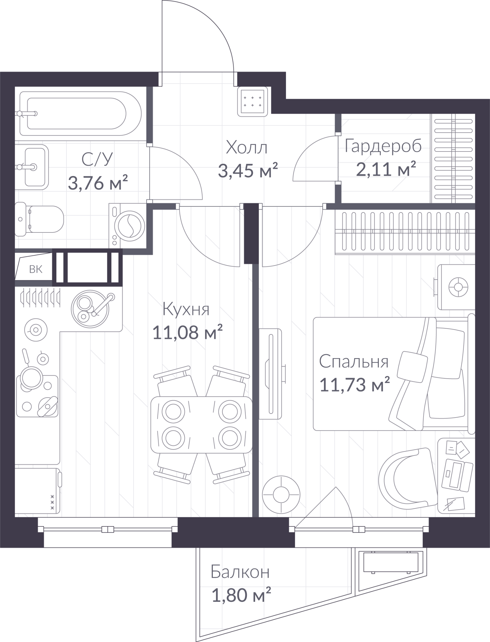 Планировка: 1-комнатная квартира, 32,7 м²