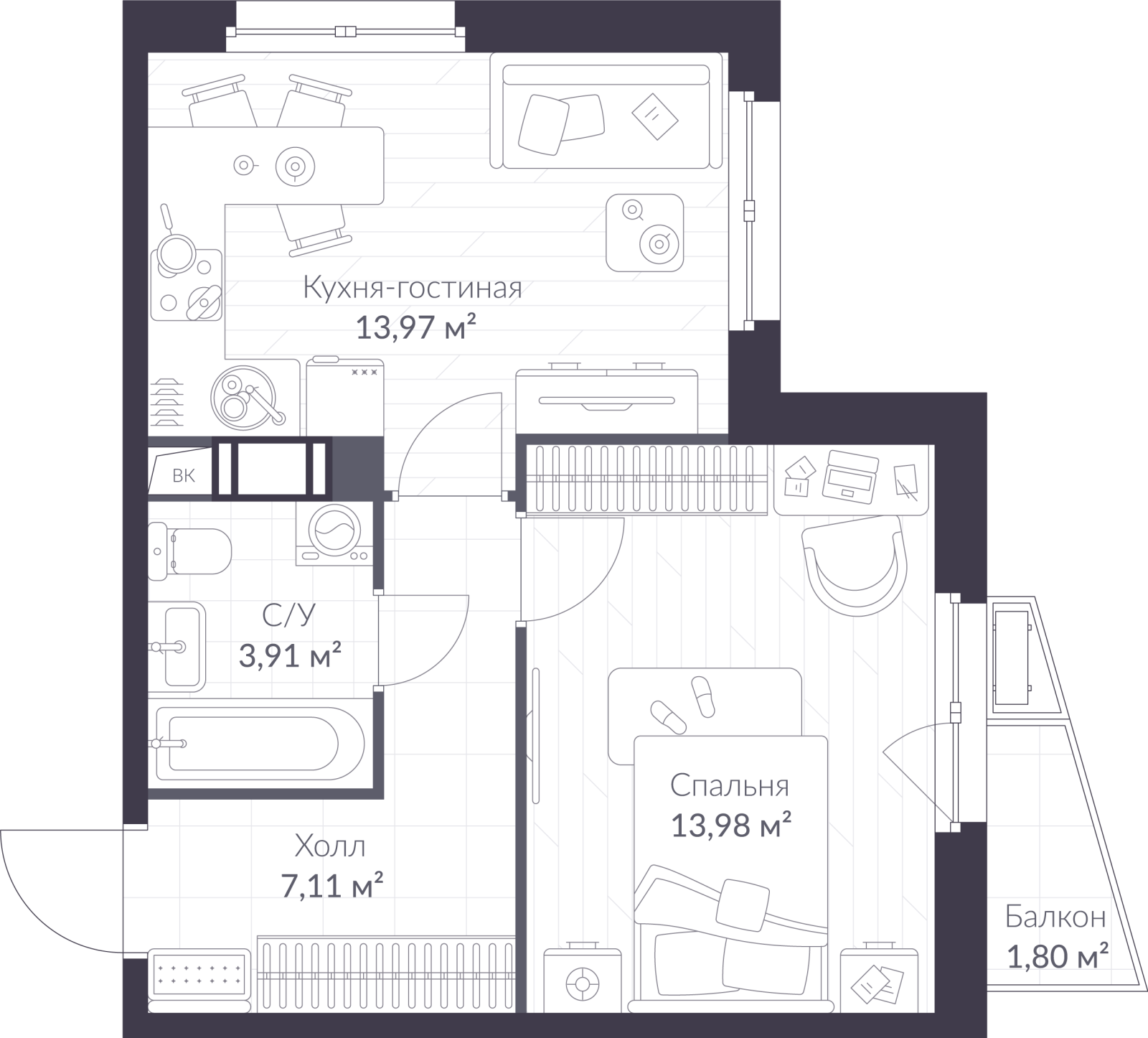 Планировка: 2-комнатная квартира, 39,5 м²