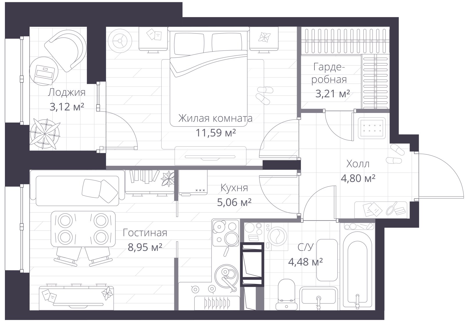 Планировка: 2-комнатная квартира, 40,0 м²