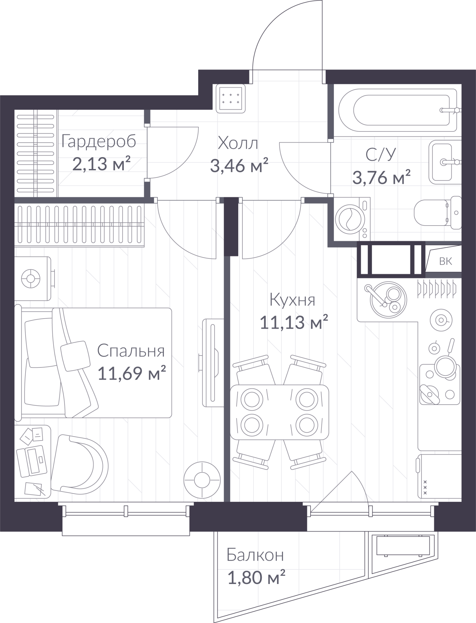 Планировка: 1-комнатная квартира, 32,7 м²