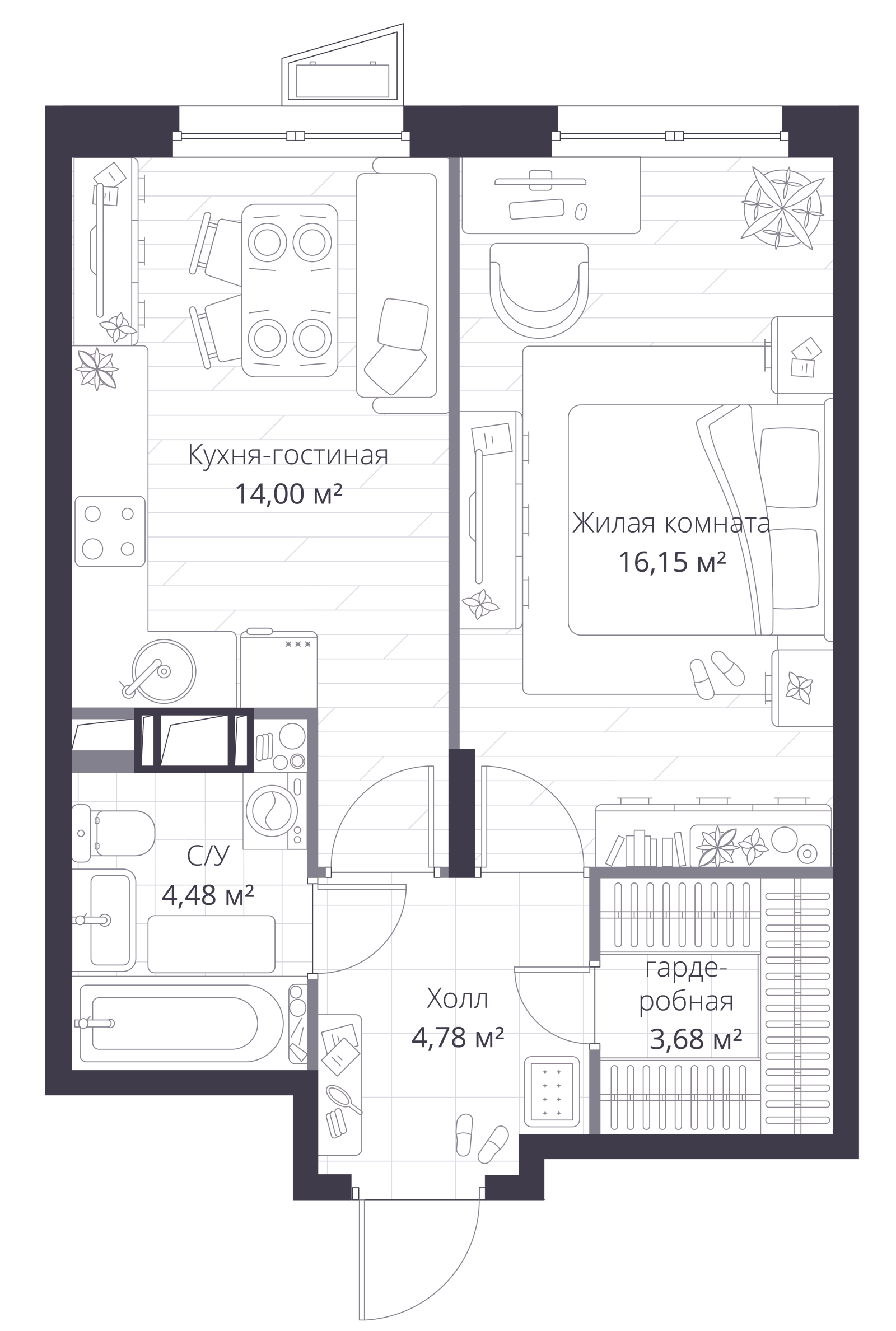 Планировка: 2-комнатная квартира, 43,2 м²