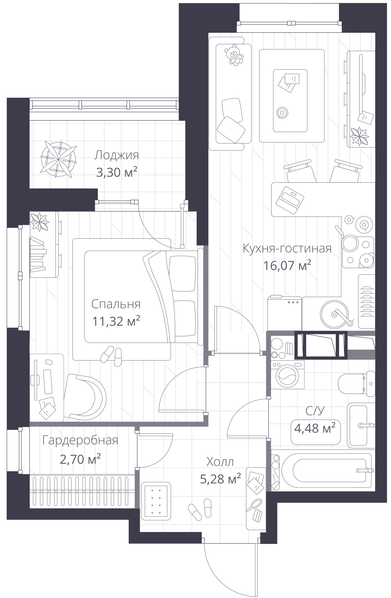 Планировка: 2-комнатная квартира, 41,8 м²