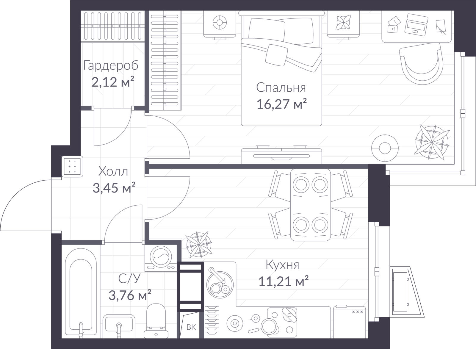 Планировка: 1-комнатная квартира, 36,8 м²