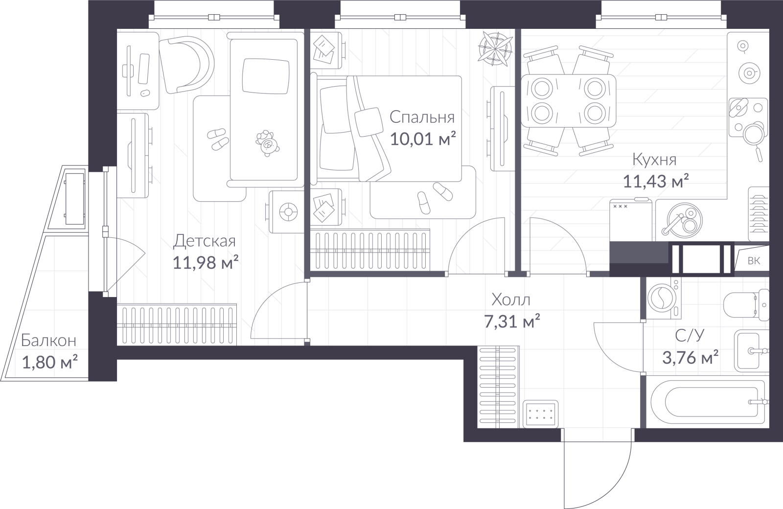 Планировка: 2-комнатная квартира, 45,0 м²