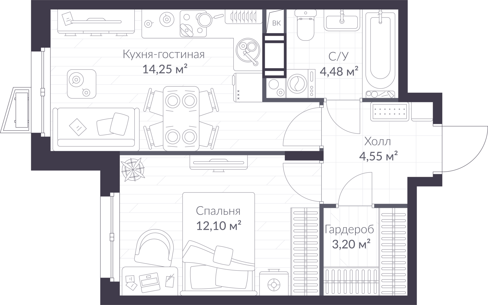 Планировка: 2-комнатная квартира, 38,6 м²
