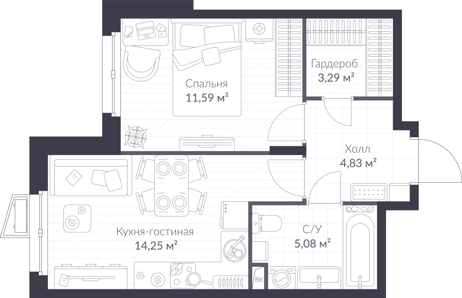 Планировка: 2-комнатная квартира, 39,0 м²
