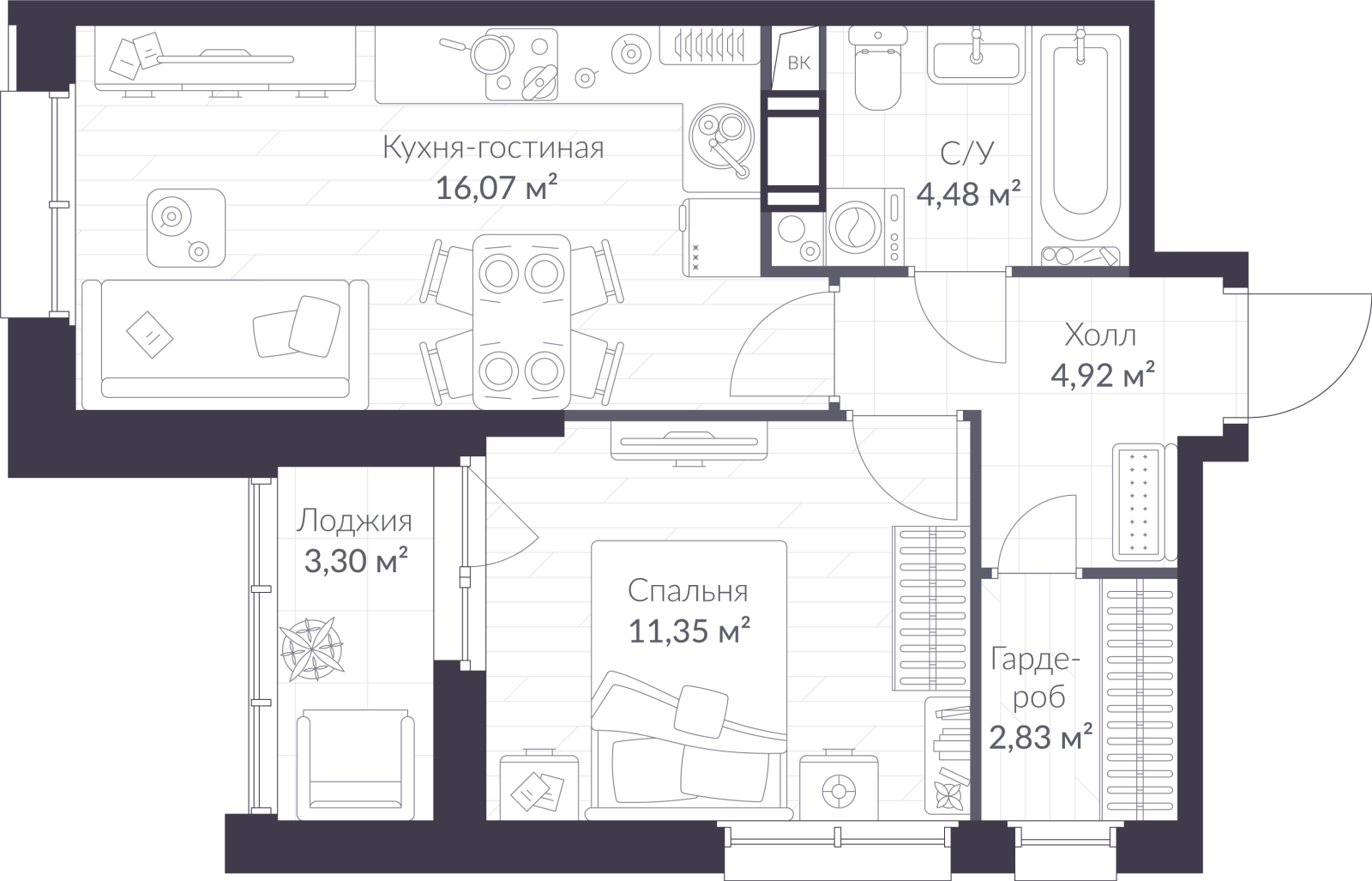 Планировка: 2-комнатная квартира, 41,3 м²