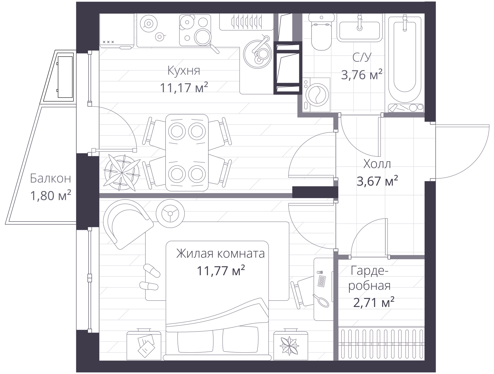 Планировка: 1-комнатная квартира, 33,9 м²