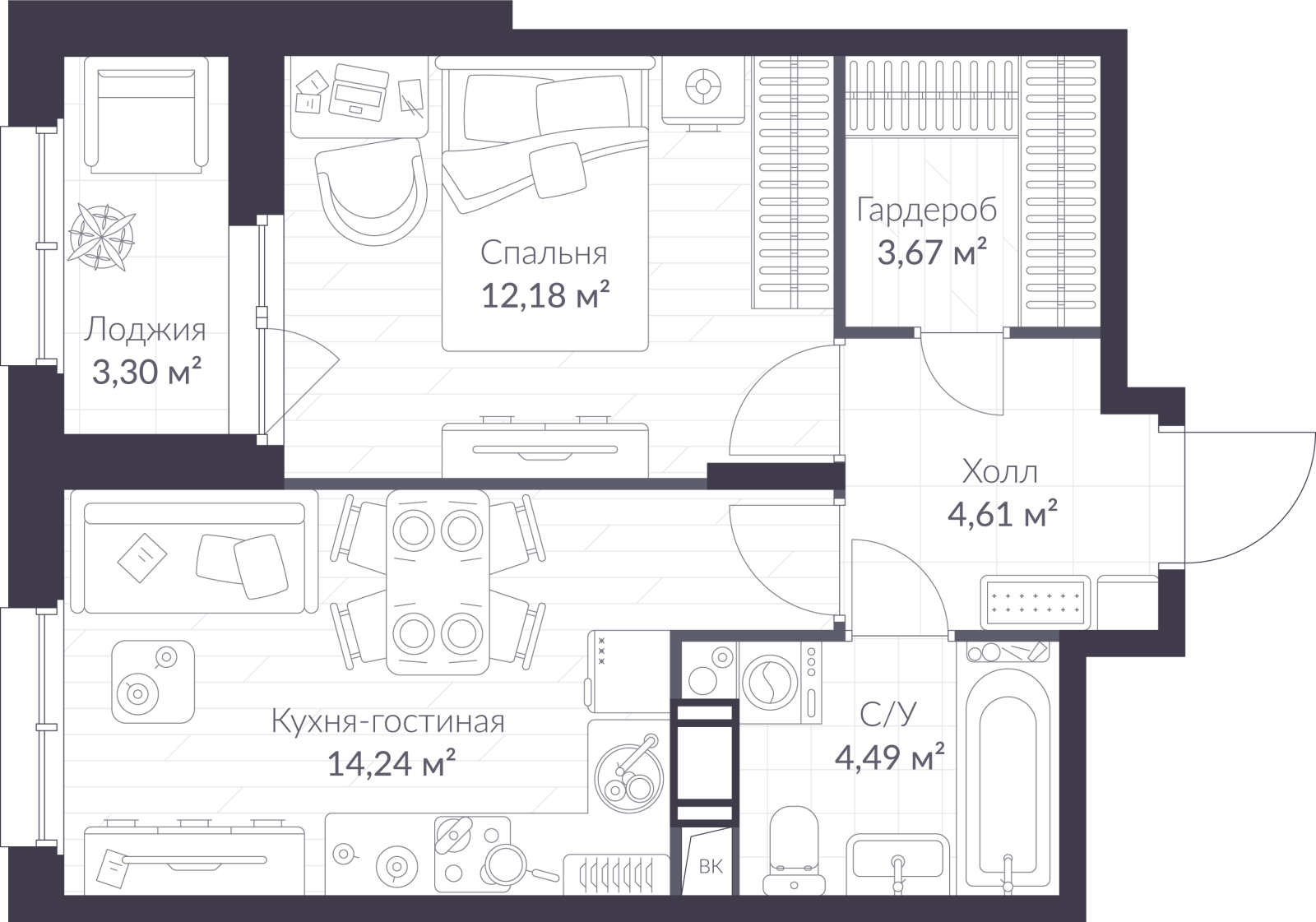 Планировка: 2-комнатная квартира, 40,8 м²