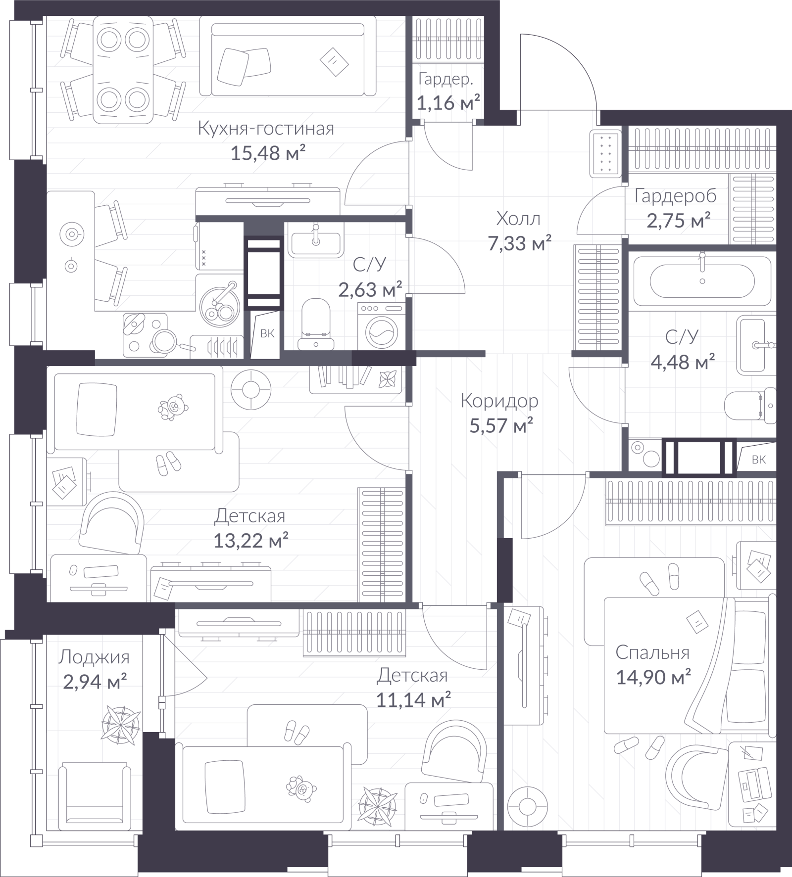 Планировка: 4-комнатная квартира, 80,1 м²