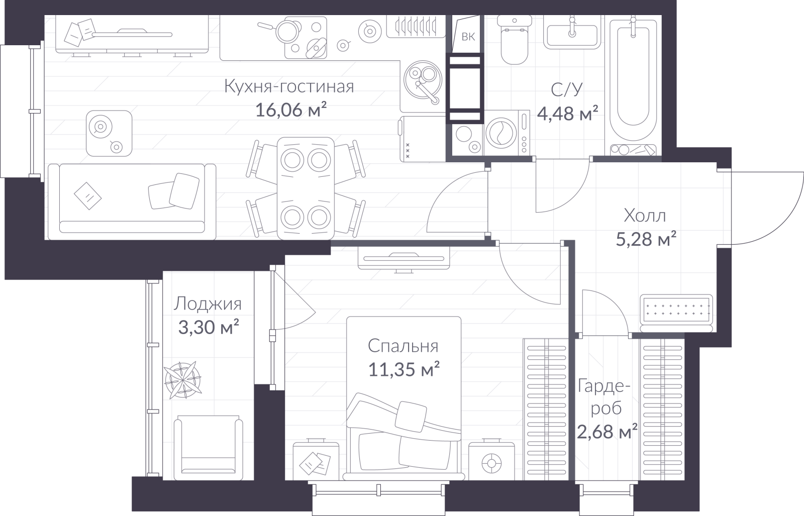 Планировка: 2-комнатная квартира, 41,5 м²