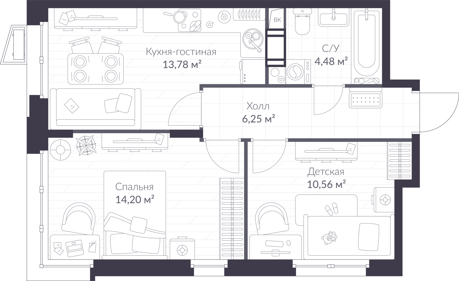 Планировка: 3-комнатная квартира, 49,3 м²