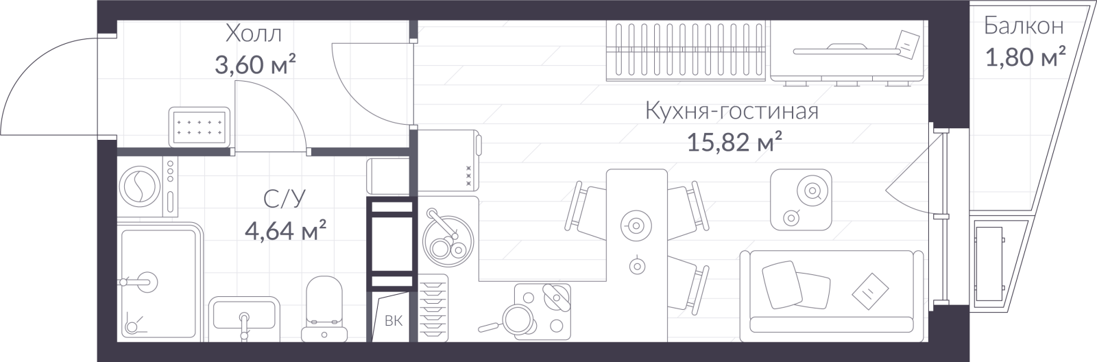 Планировка: студия, 24,6 м²