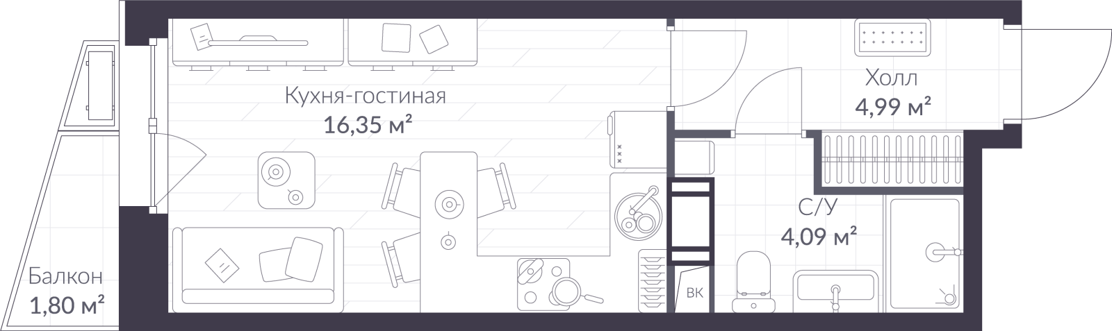 Планировка: студия, 26,0 м²