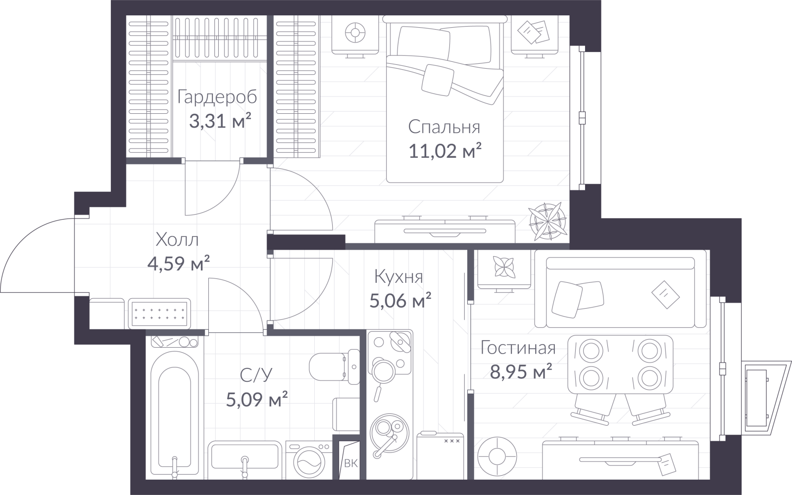 Планировка: 2-комнатная квартира, 38,0 м²