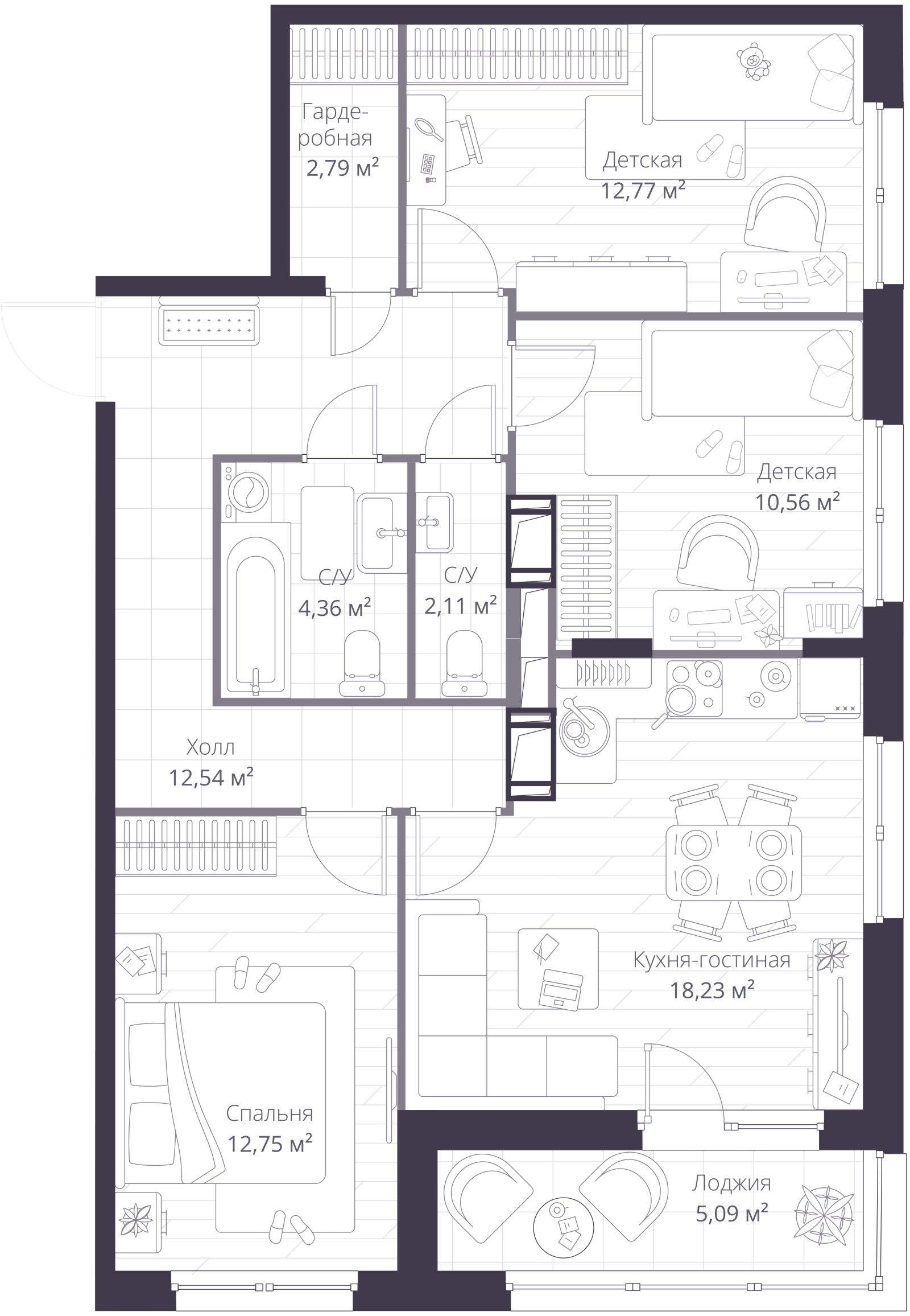 Планировка: 4-комнатная квартира, 79,6 м²