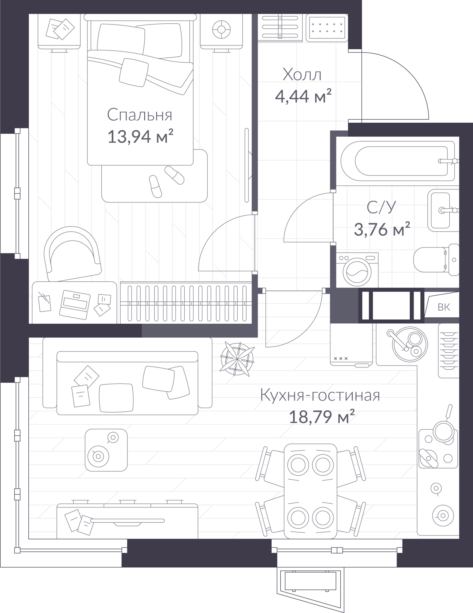 Планировка: 2-комнатная квартира, 40,9 м²