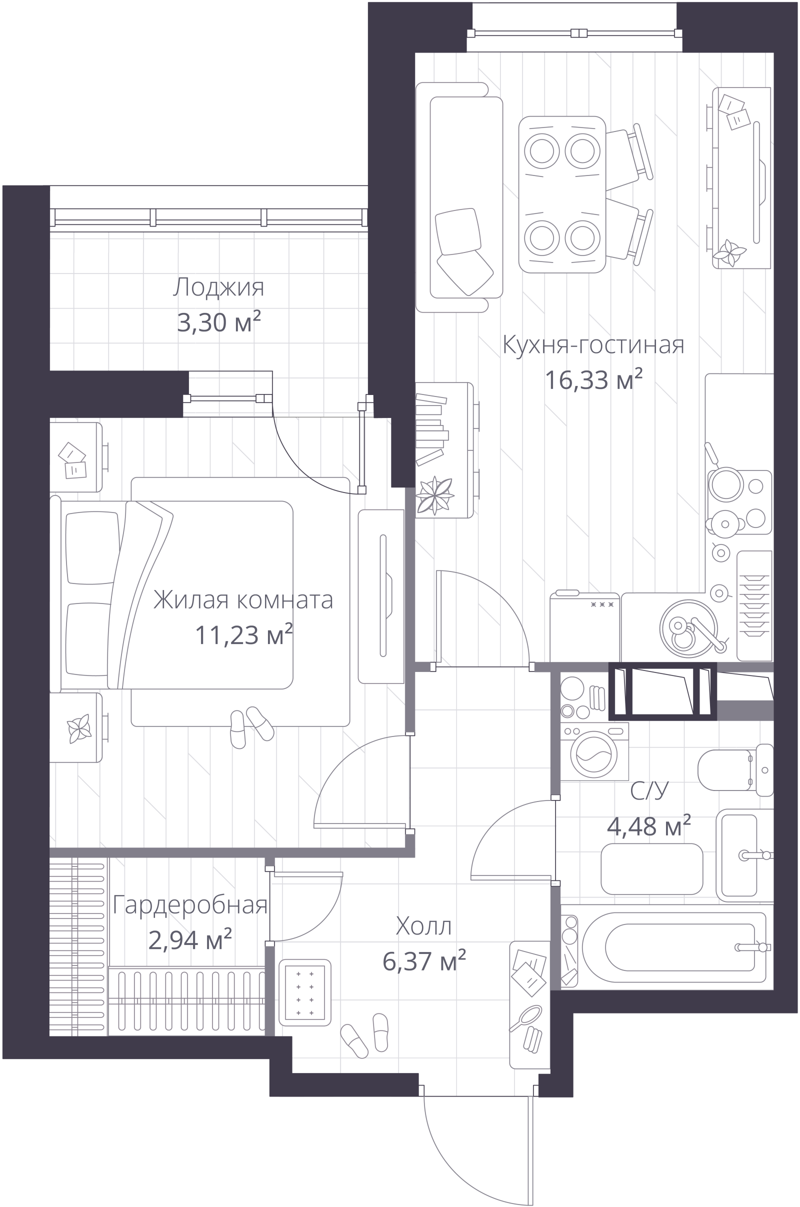 Планировка: 2-комнатная квартира, 44,0 м²
