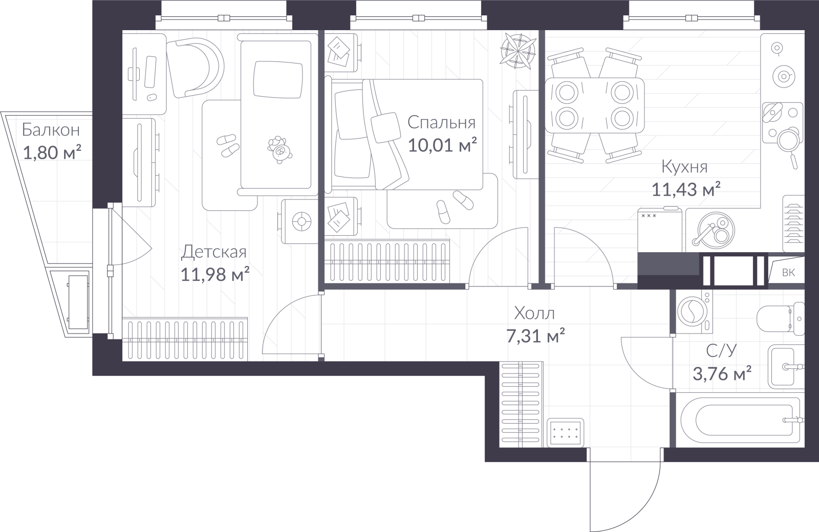 Планировка: 2-комнатная квартира, 45,0 м²