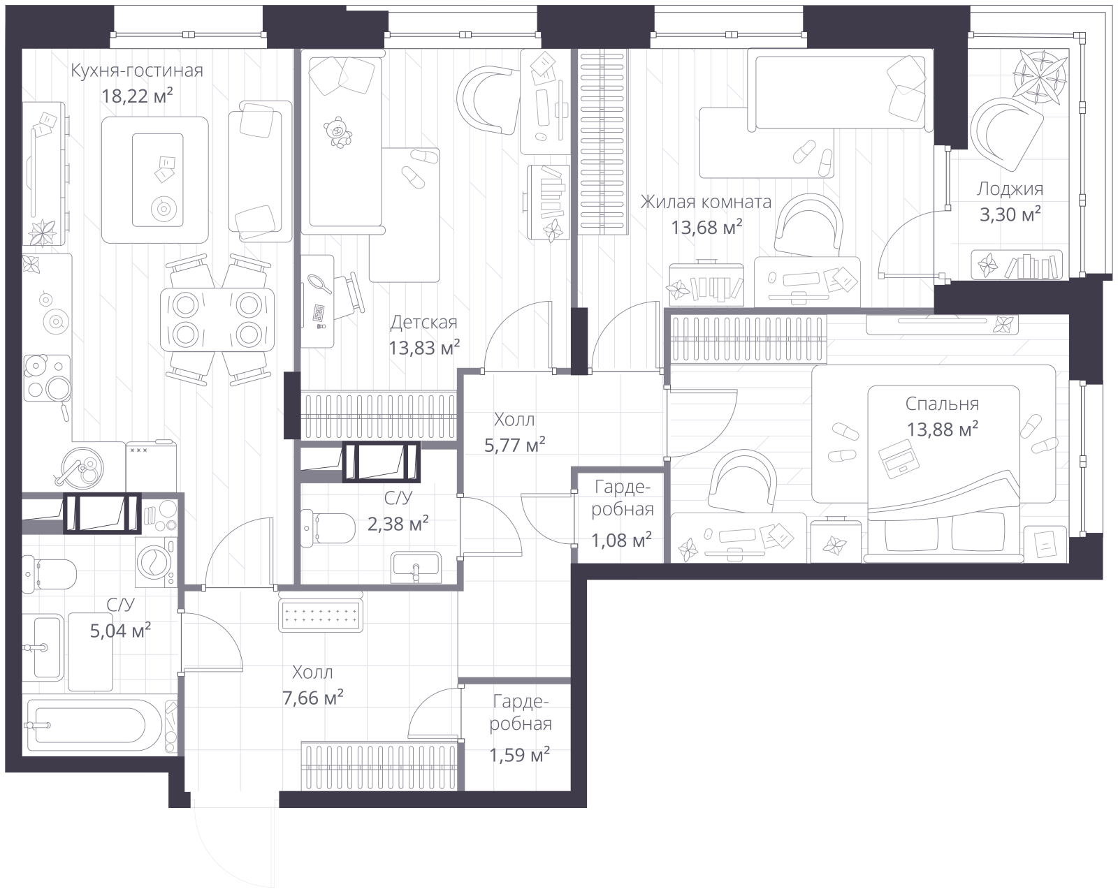 Планировка: 4-комнатная квартира, 85,2 м²
