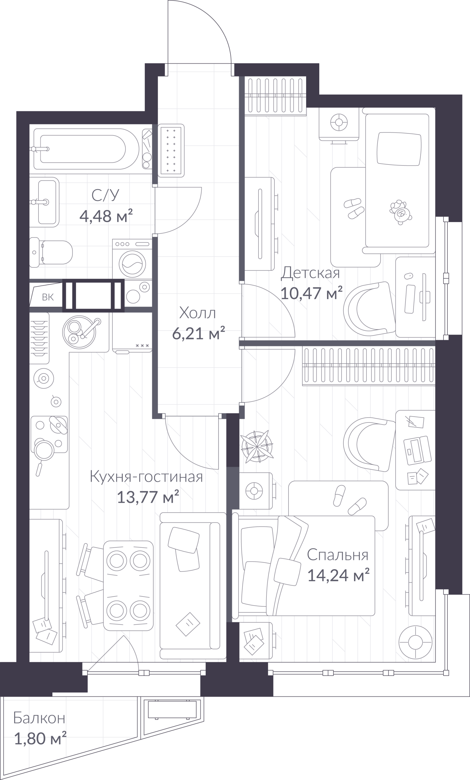 Планировка: 3-комнатная квартира, 49,7 м²