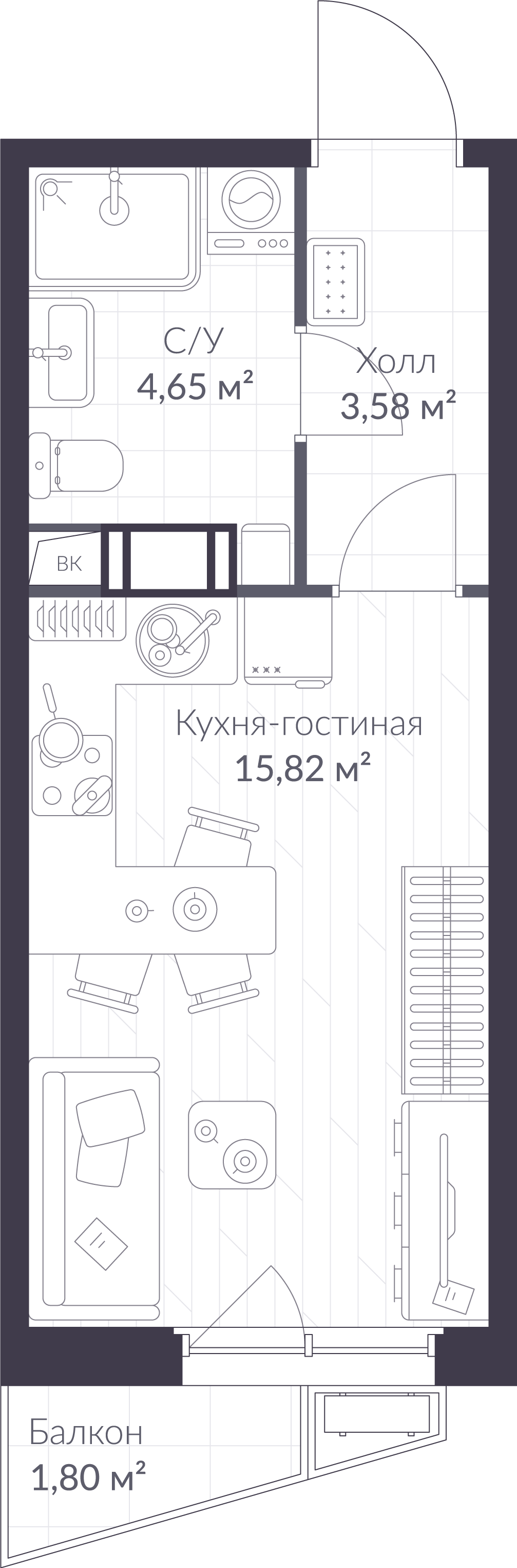 Планировка: студия, 24,6 м²