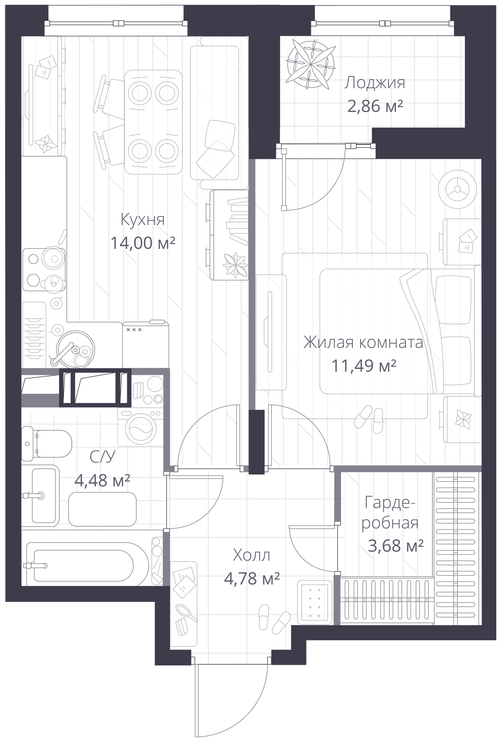 Планировка: 2-комнатная квартира, 39,9 м²