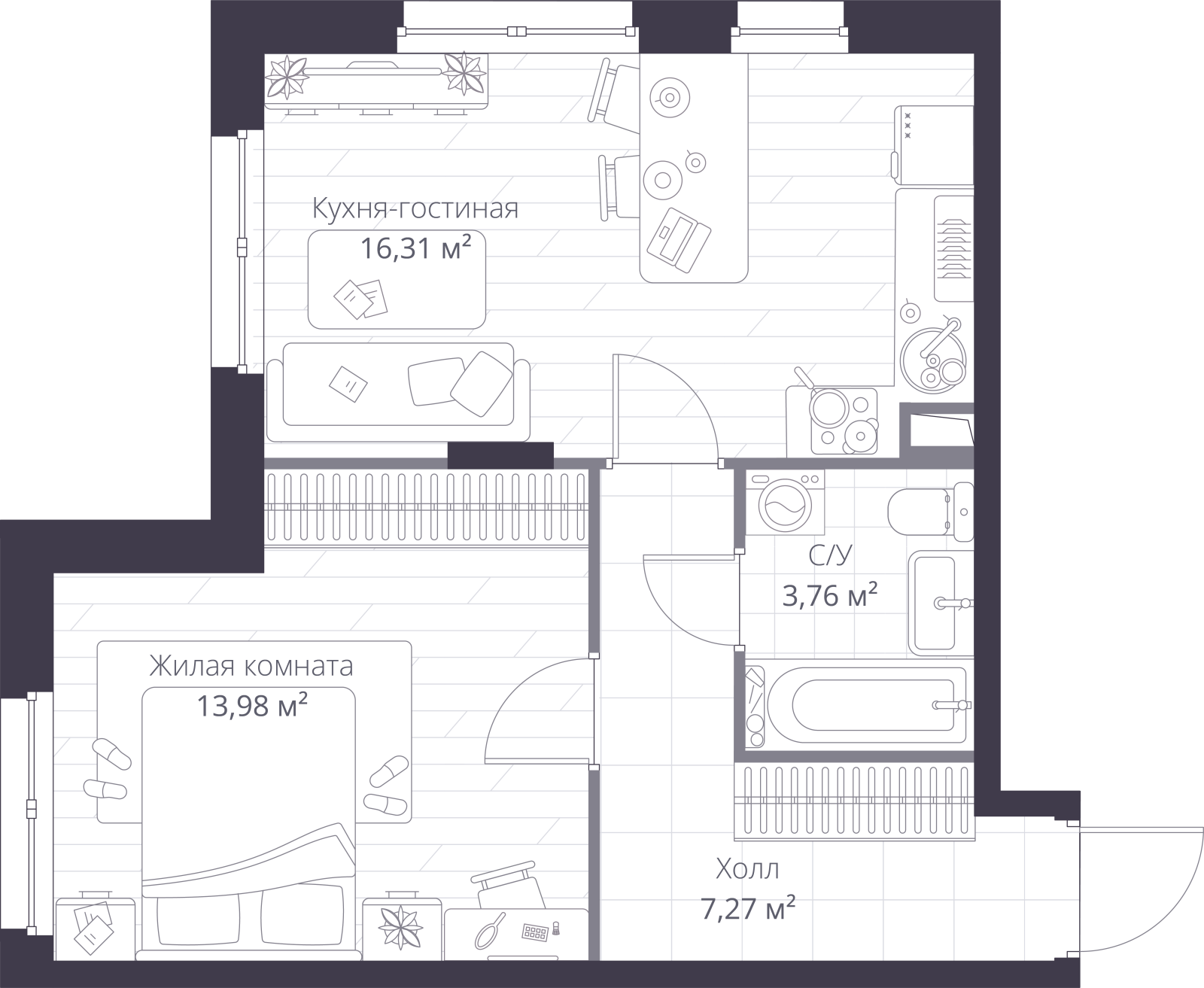 Планировка: 2-комнатная квартира, 41,7 м²