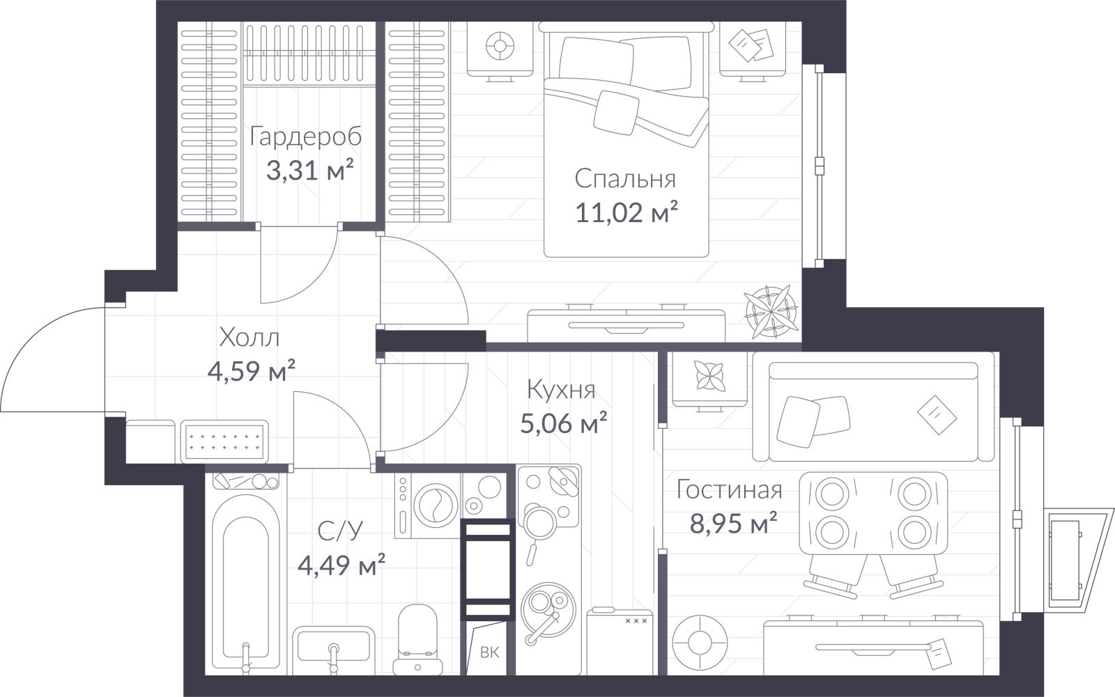 Планировка: 2-комнатная квартира, 37,4 м²