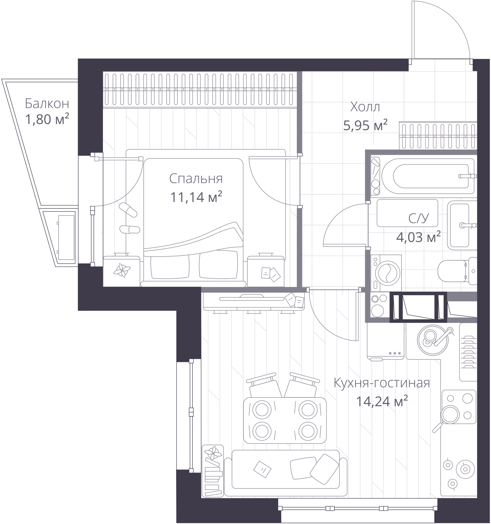 Планировка: 2-комнатная квартира, 36,2 м²