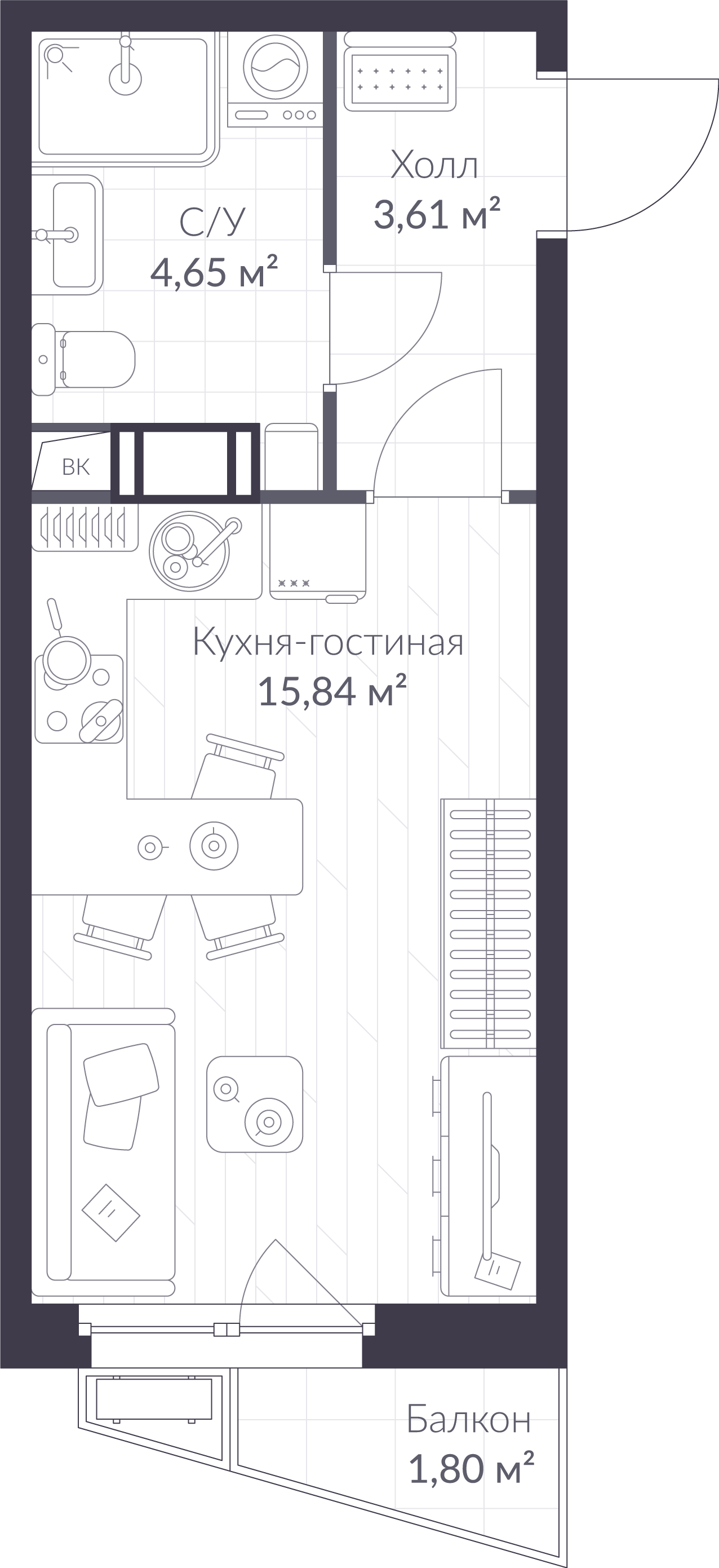 Планировка: студия, 24,6 м²