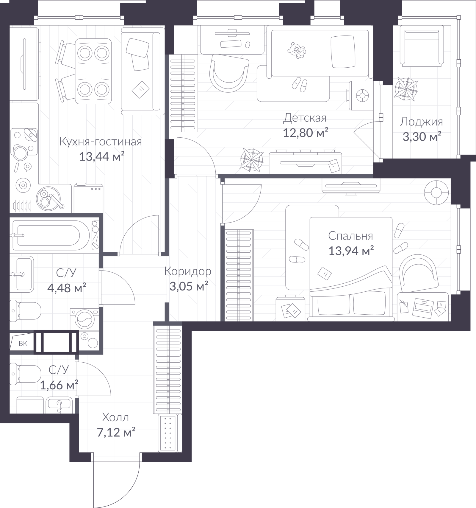 Планировка: 3-комнатная квартира, 58,1 м²