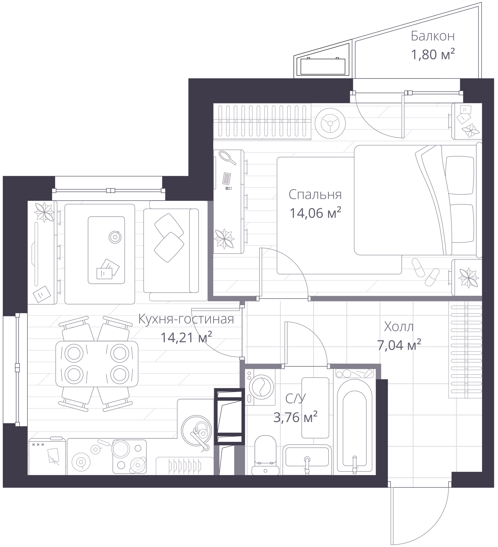 Планировка: 2-комнатная квартира, 39,6 м²