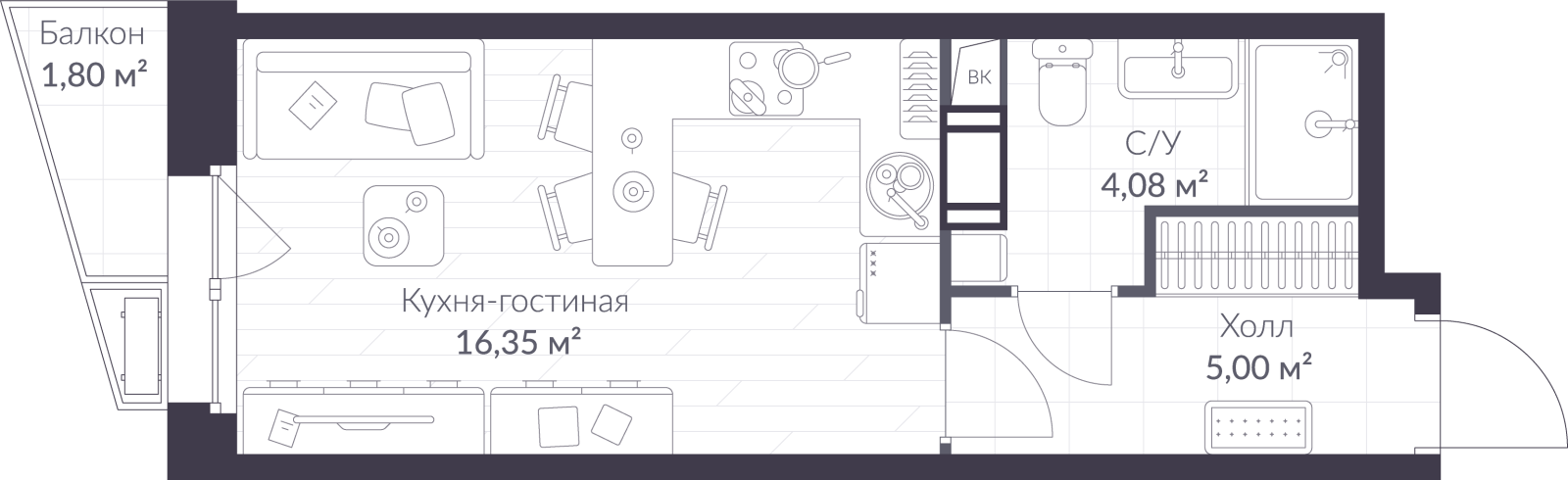 Планировка: студия, 26,0 м²