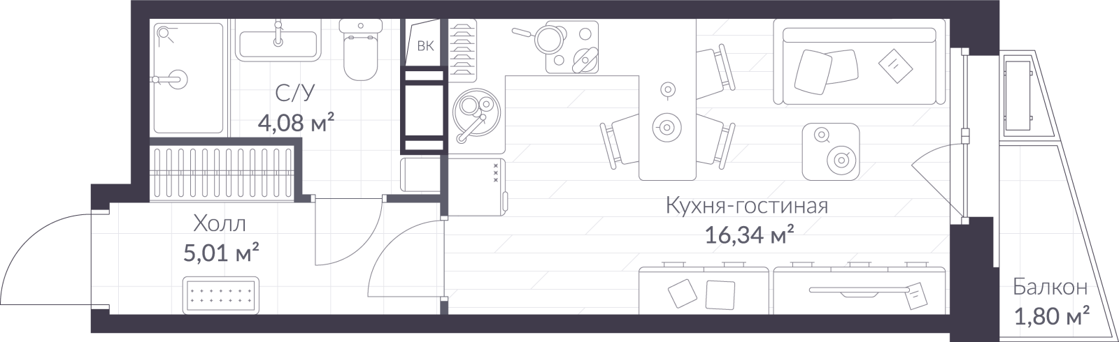 Планировка: студия, 26,0 м²