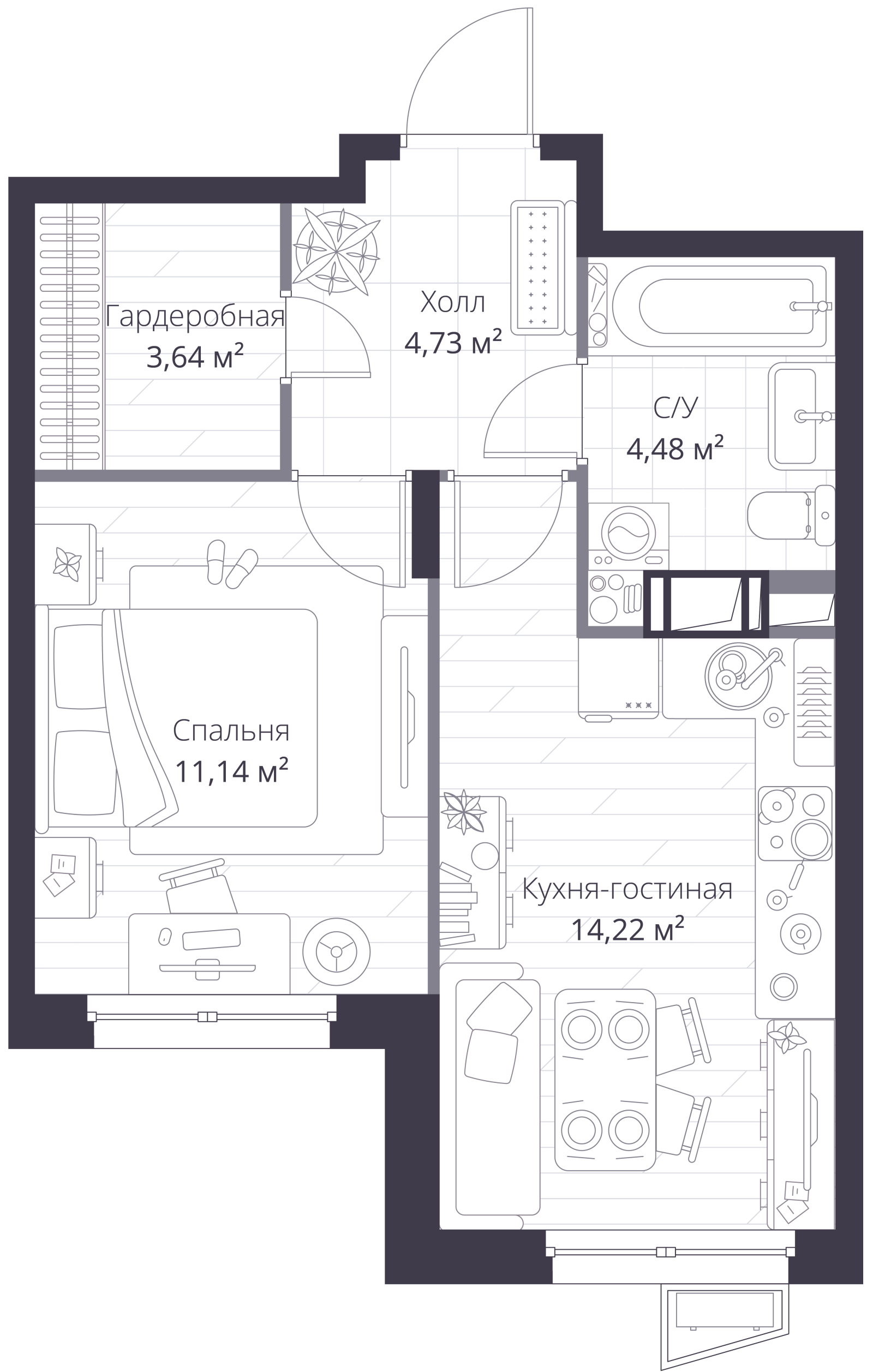 Планировка: 2-комнатная квартира, 38,3 м²