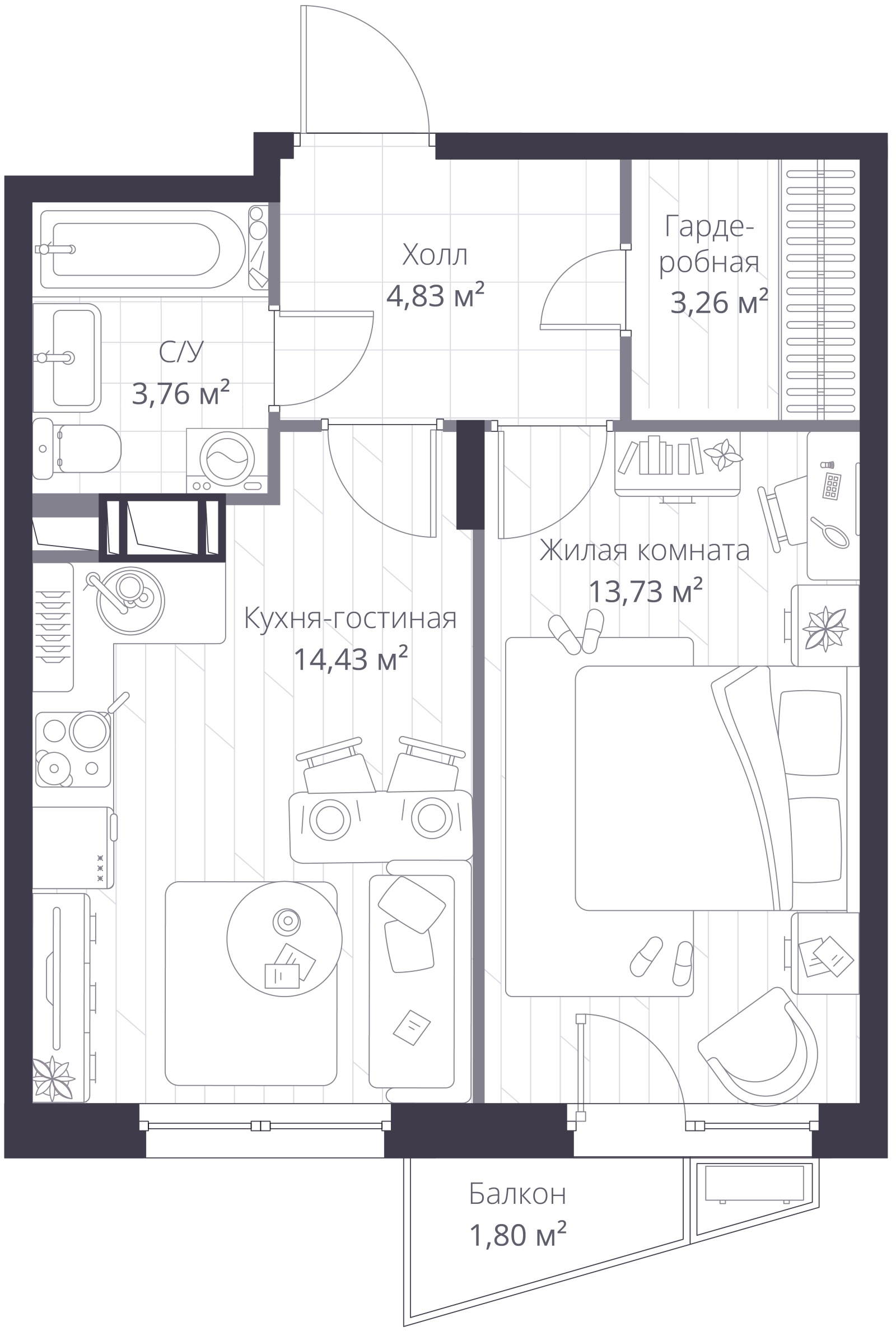 Планировка: 2-комнатная квартира, 41,0 м²